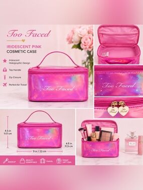 Too Faced Iridescent Pink Holographic Cosmetic Makeup Case